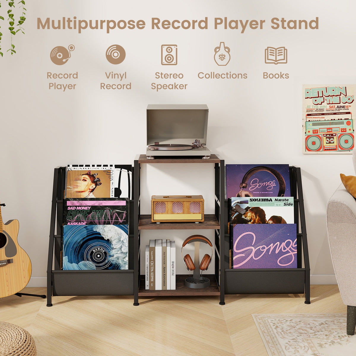 Record Player Stand for up to 200 Albums Turntable Display Stand with 3 Shelves-Rustic Brown-End & Side Tables-DECOROLALA