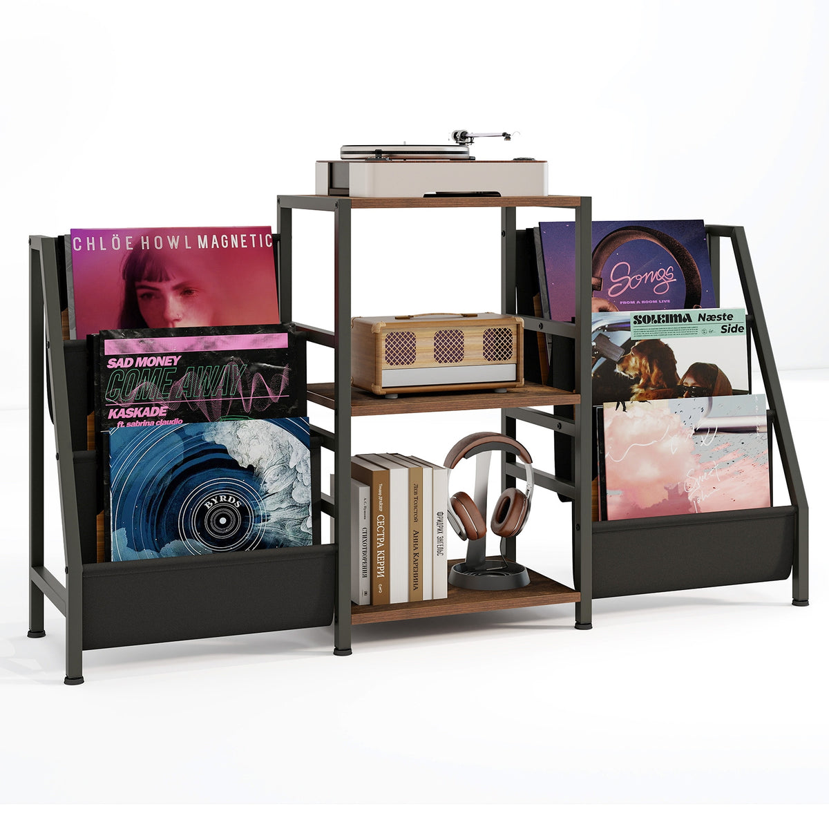 Record Player Stand for up to 200 Albums Turntable Display Stand with 3 Shelves-Rustic Brown-End & Side Tables-DECOROLALA