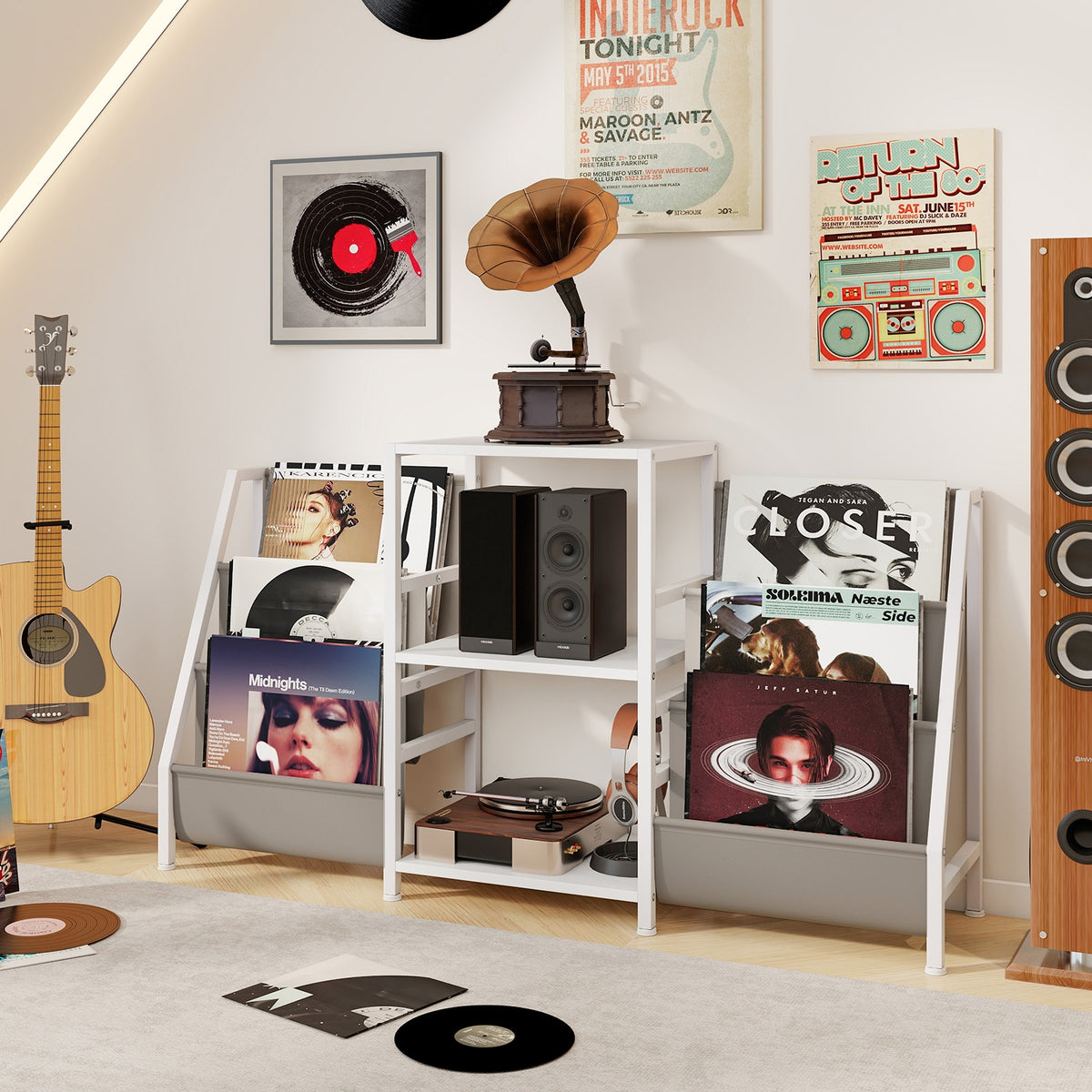 Record Player Stand for up to 200 Albums Turntable Display Stand with 3 Shelves-White-End & Side Tables-DECOROLALA