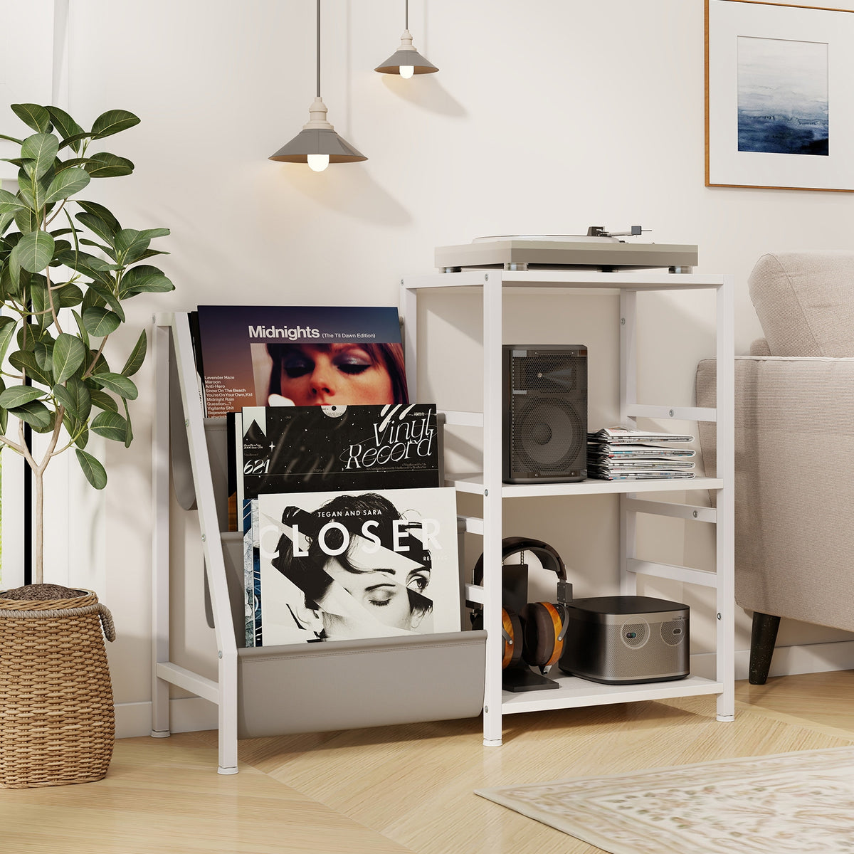 Record Player Stand for up to 200 Albums Turntable Display Stand with 3 Shelves-White-End & Side Tables-DECOROLALA