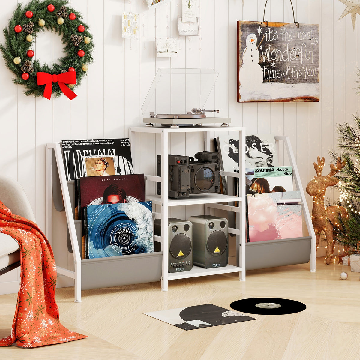 Record Player Stand for up to 200 Albums Turntable Display Stand with 3 Shelves-White-End & Side Tables-DECOROLALA