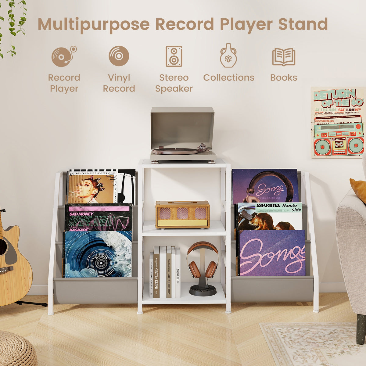 Record Player Stand for up to 200 Albums Turntable Display Stand with 3 Shelves-White-End & Side Tables-DECOROLALA