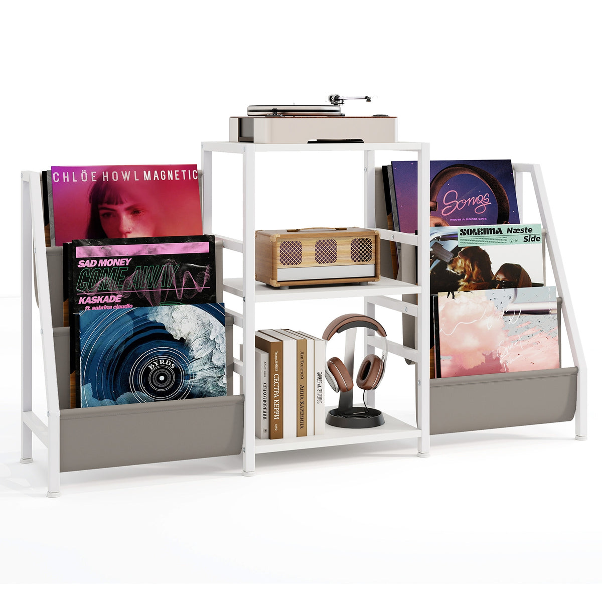 Record Player Stand for up to 200 Albums Turntable Display Stand with 3 Shelves-White-End & Side Tables-DECOROLALA