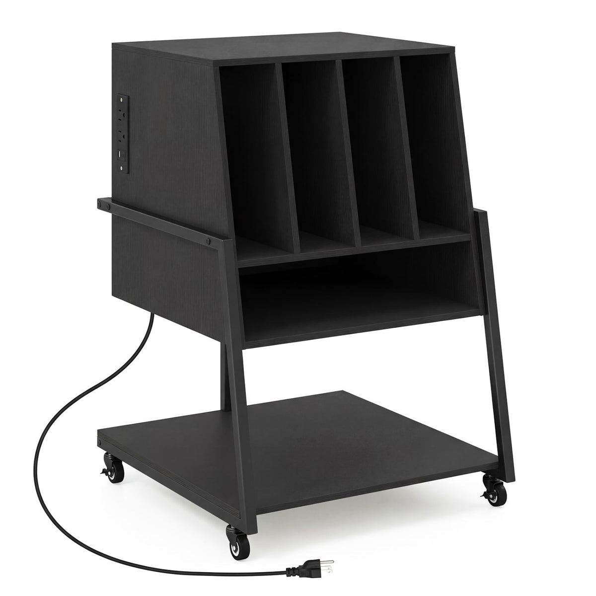 Record Player Stand on Wheels Rolling Turntable Stand with Power Outlets-Black-End & Side Tables-DECOROLALA