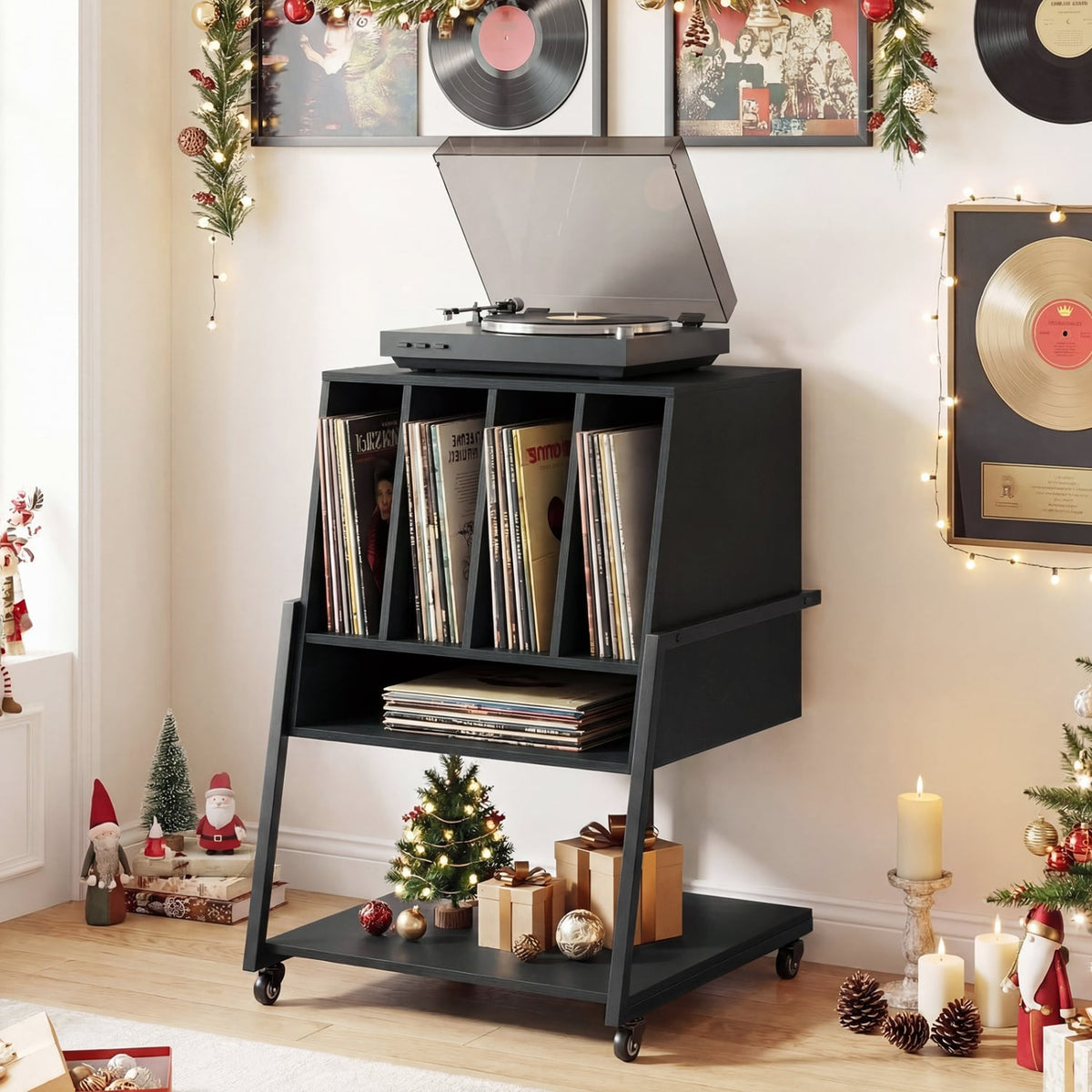Record Player Stand on Wheels Rolling Turntable Stand with Power Outlets-Black-End & Side Tables-DECOROLALA