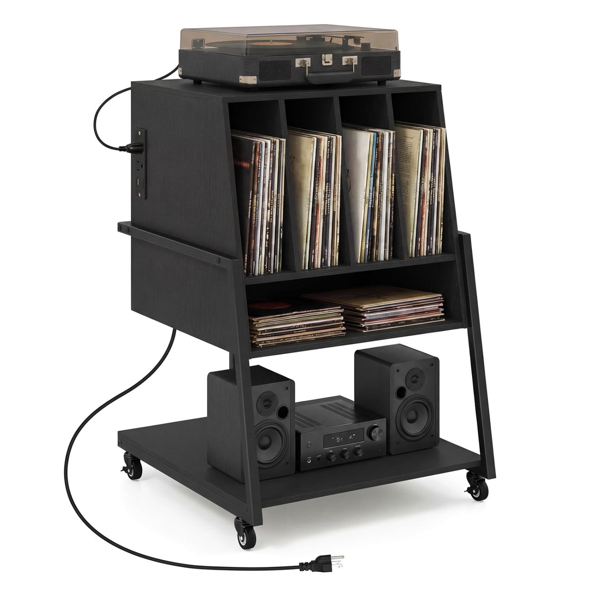 Record Player Stand on Wheels Rolling Turntable Stand with Power Outlets-Black-End & Side Tables-DECOROLALA