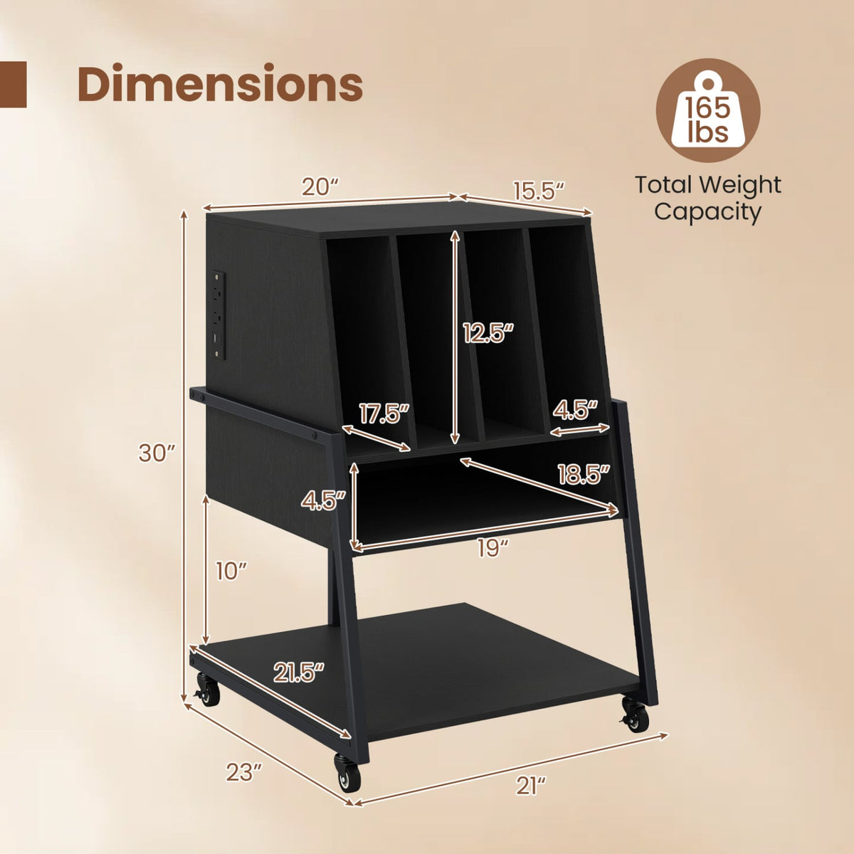 Record Player Stand on Wheels Rolling Turntable Stand with Power Outlets-Black-End & Side Tables-DECOROLALA