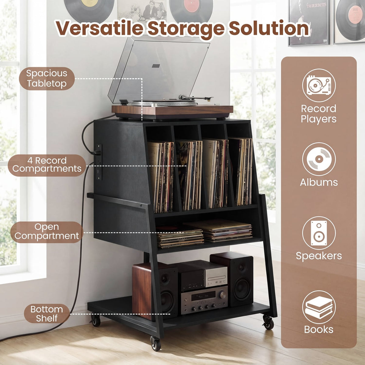 Record Player Stand on Wheels Rolling Turntable Stand with Power Outlets-Black-End & Side Tables-DECOROLALA