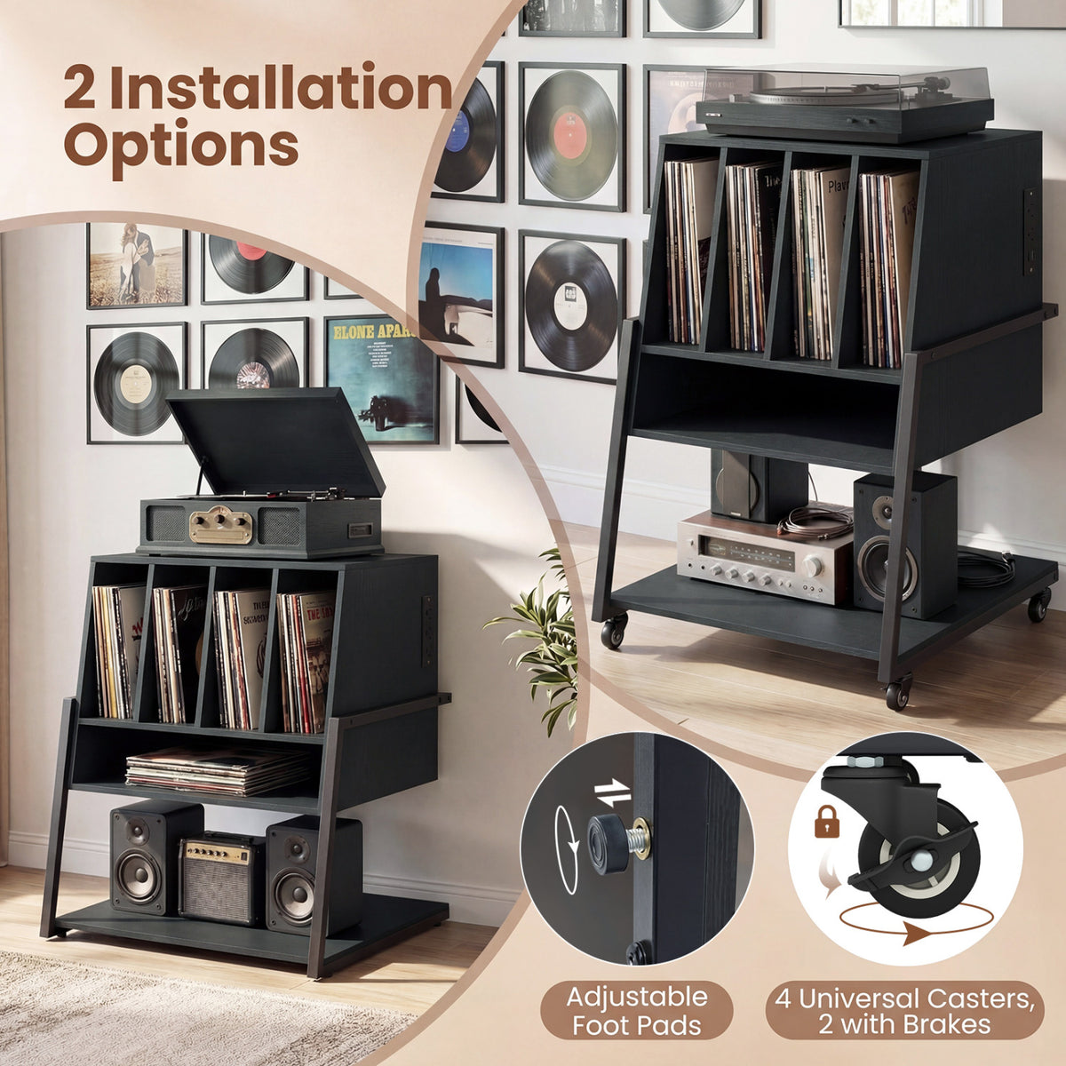 Record Player Stand on Wheels Rolling Turntable Stand with Power Outlets-Black-End & Side Tables-DECOROLALA