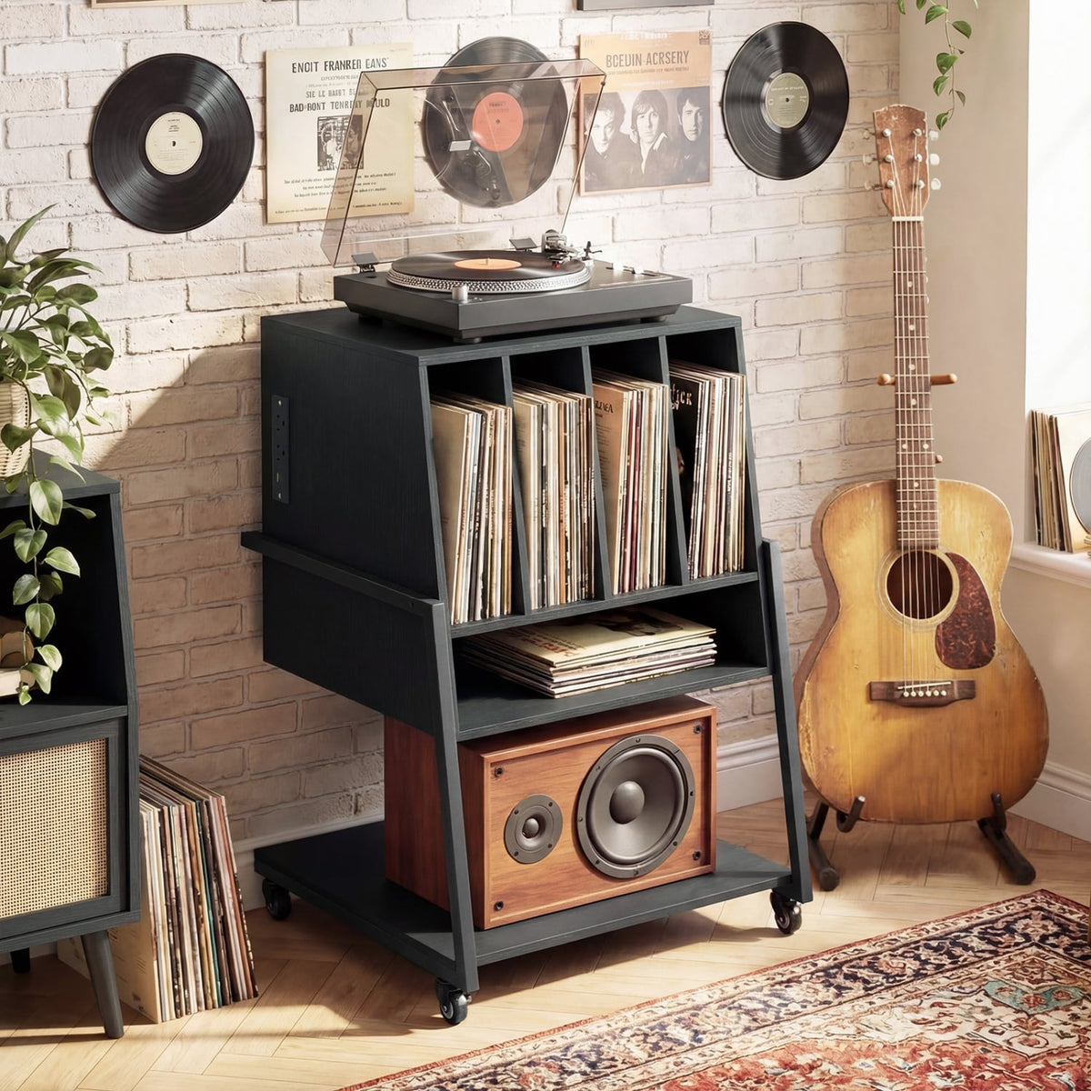Record Player Stand on Wheels Rolling Turntable Stand with Power Outlets-Black-End & Side Tables-DECOROLALA