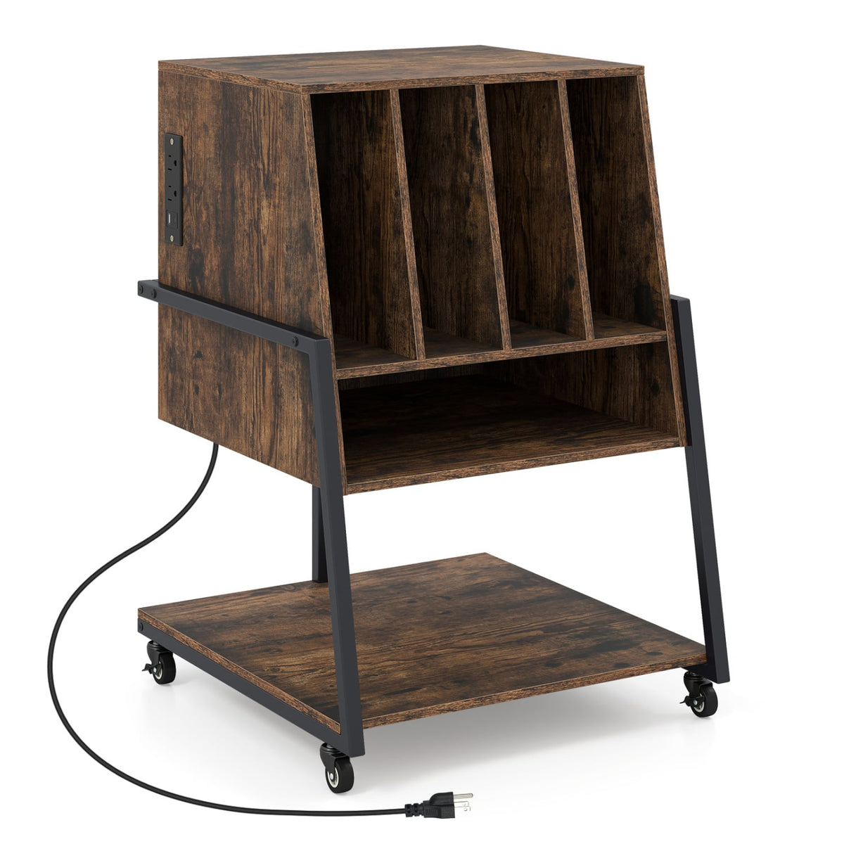 Record Player Stand on Wheels Rolling Turntable Stand with Power Outlets-Rustic Brown-End & Side Tables-DECOROLALA