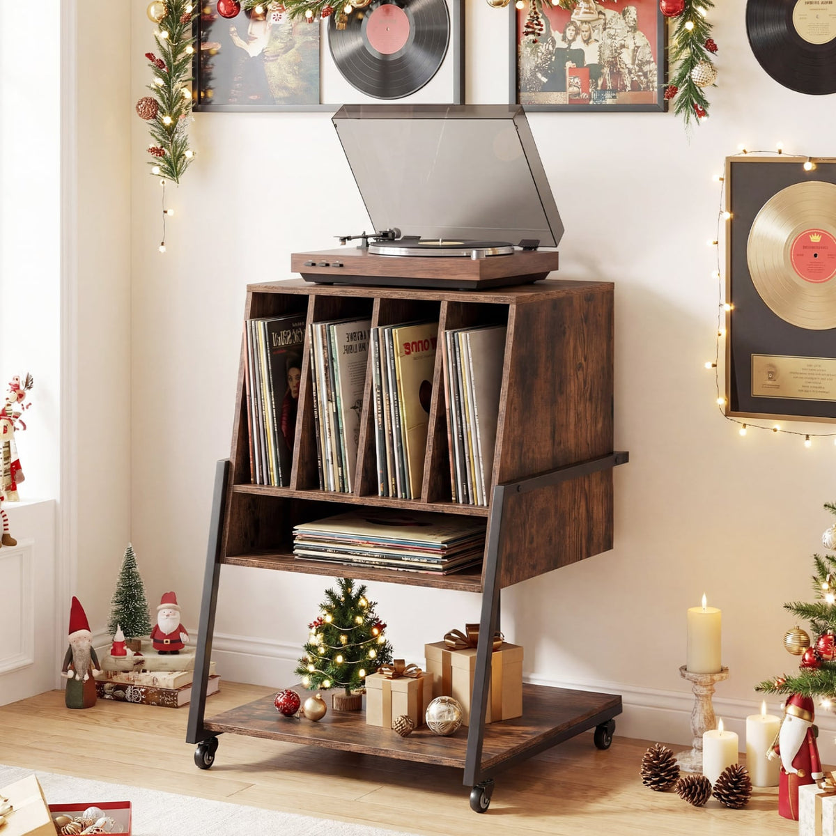 Record Player Stand on Wheels Rolling Turntable Stand with Power Outlets-Rustic Brown-End & Side Tables-DECOROLALA