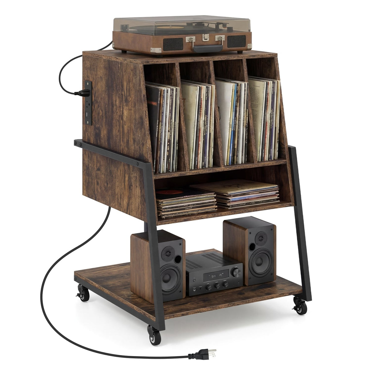 Record Player Stand on Wheels Rolling Turntable Stand with Power Outlets-Rustic Brown-End & Side Tables-DECOROLALA