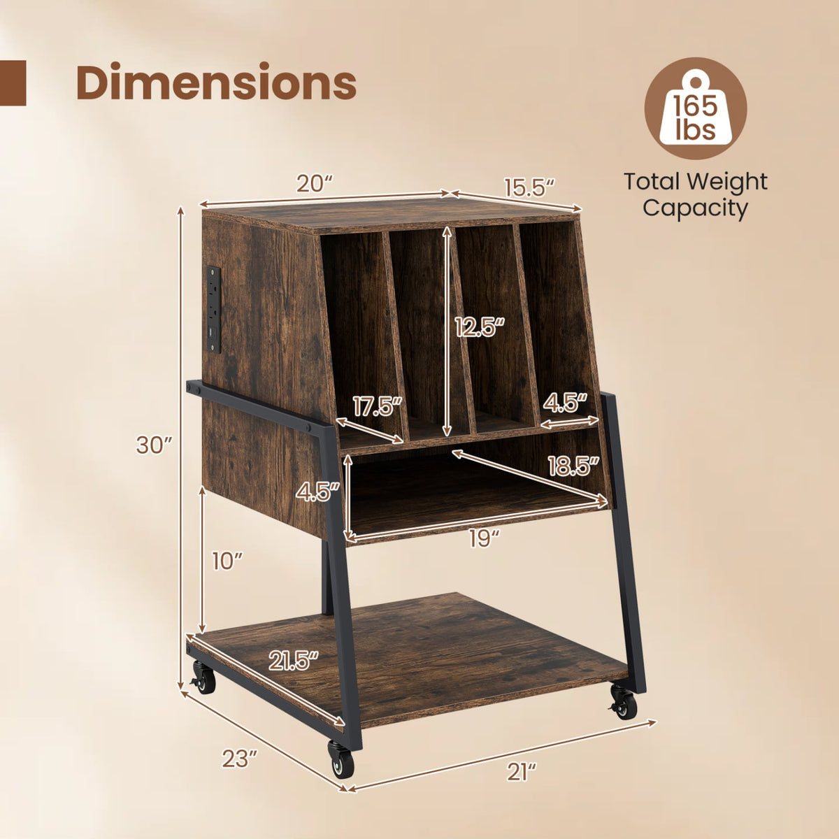 Record Player Stand on Wheels Rolling Turntable Stand with Power Outlets-Rustic Brown-End & Side Tables-DECOROLALA
