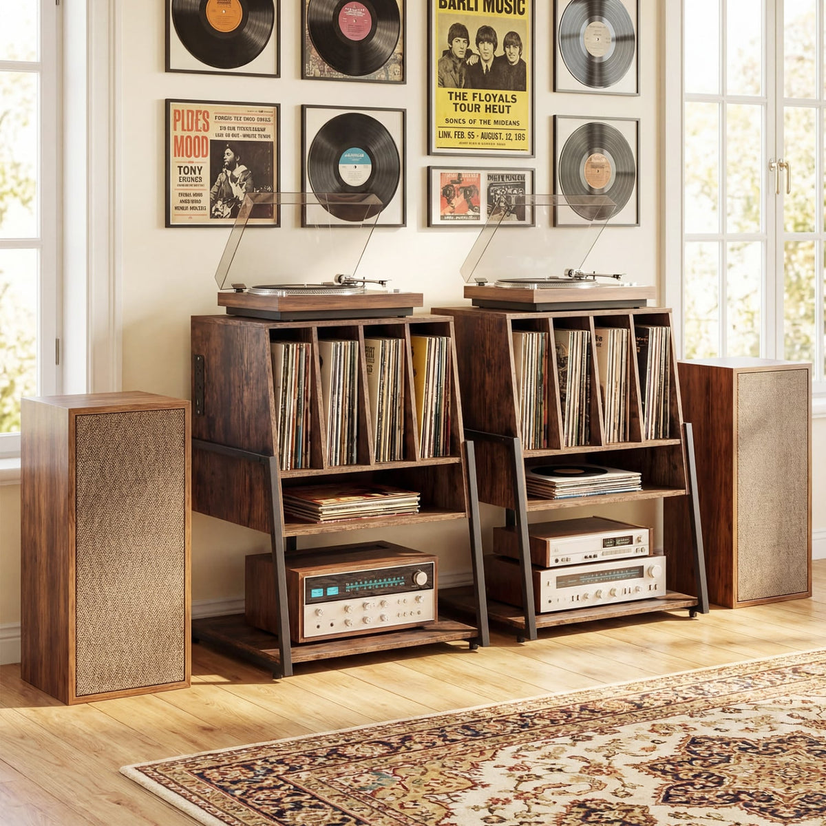 Record Player Stand on Wheels Rolling Turntable Stand with Power Outlets-Rustic Brown-End & Side Tables-DECOROLALA
