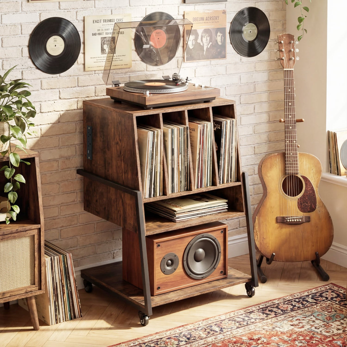 Record Player Stand on Wheels Rolling Turntable Stand with Power Outlets-Rustic Brown-End & Side Tables-DECOROLALA