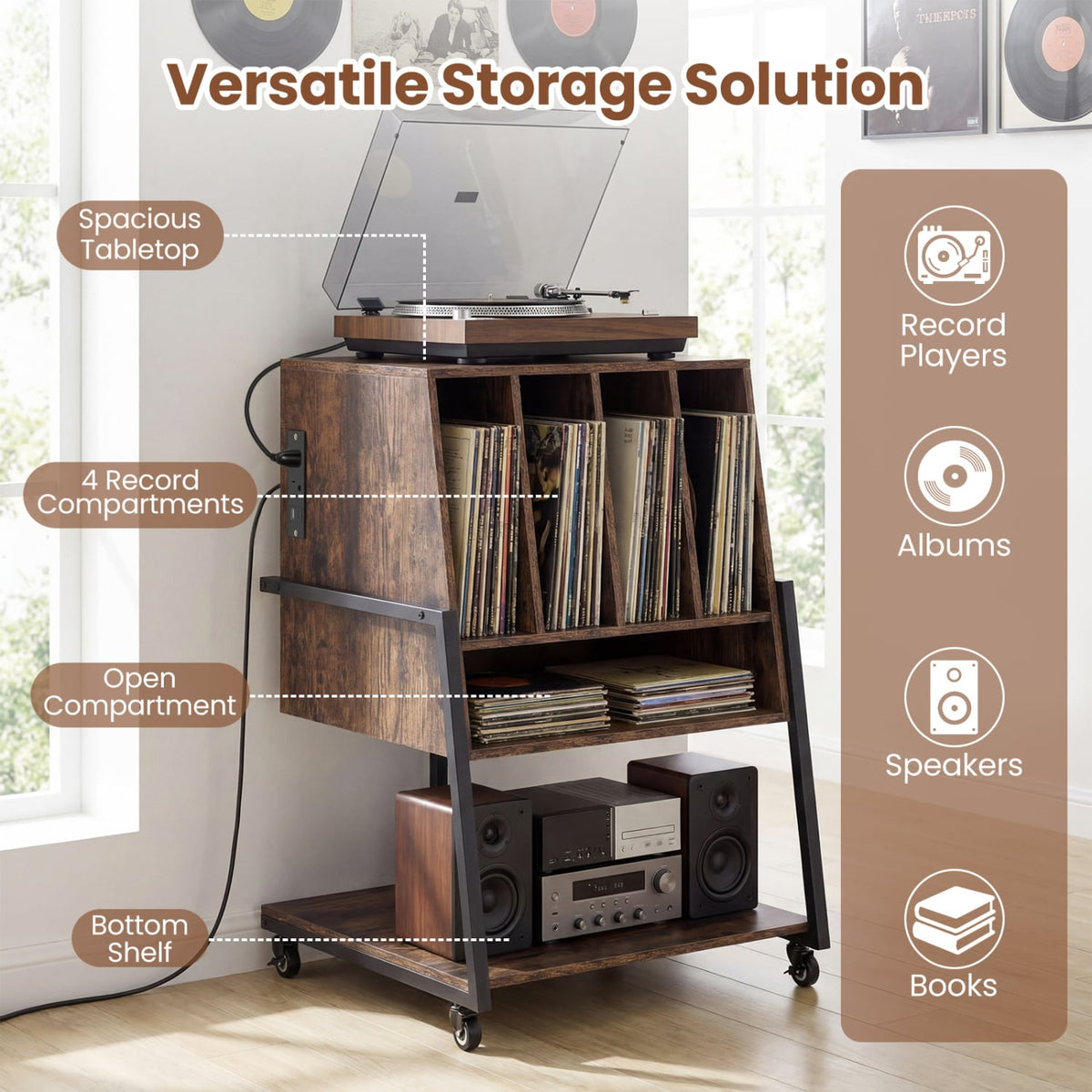 Record Player Stand on Wheels Rolling Turntable Stand with Power Outlets-Rustic Brown-End & Side Tables-DECOROLALA