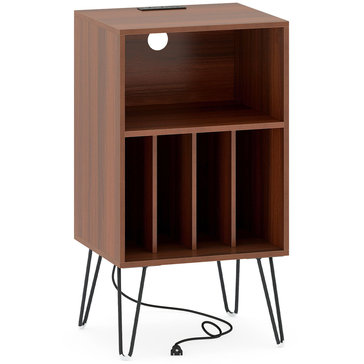 Record Player Stand with Charging Station Turntable Stand with Vinyl Storage-Walnut-End & Side Tables-DECOROLALA