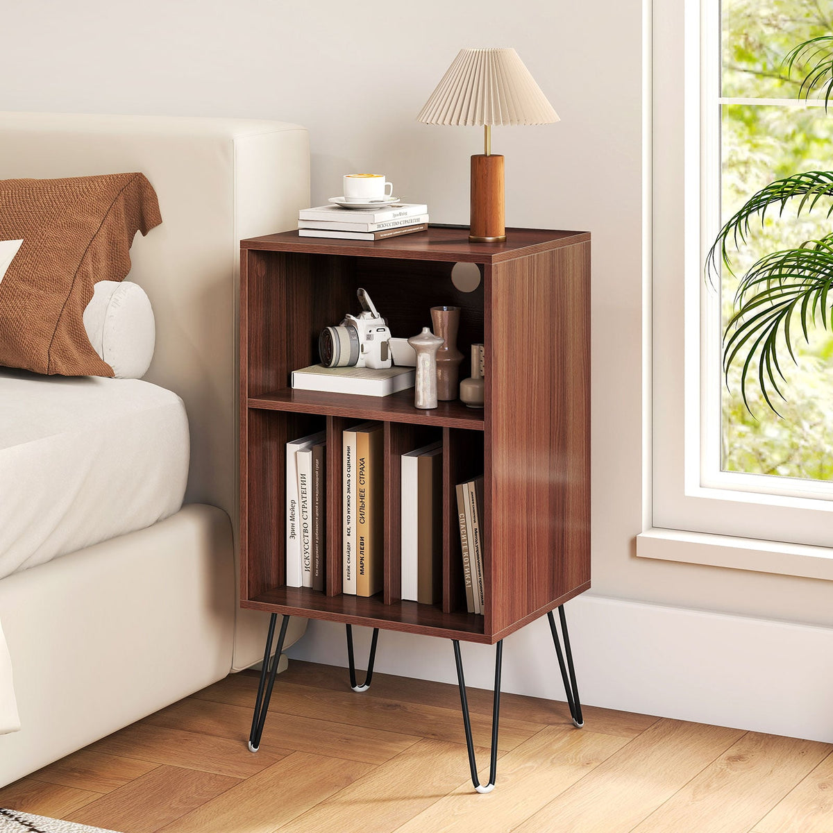 Record Player Stand with Charging Station Turntable Stand with Vinyl Storage-Walnut-End & Side Tables-DECOROLALA