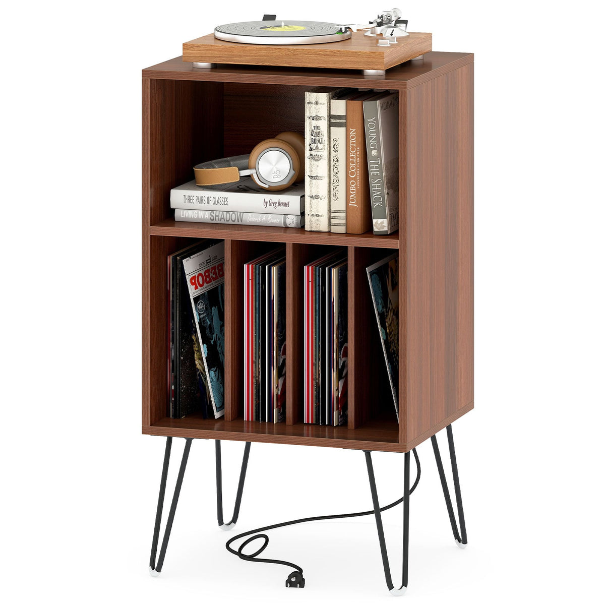 Record Player Stand with Charging Station Turntable Stand with Vinyl Storage-Walnut-End & Side Tables-DECOROLALA