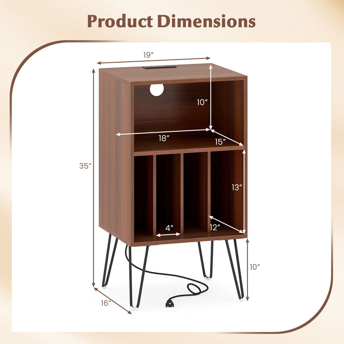 Record Player Stand with Charging Station Turntable Stand with Vinyl Storage-Walnut-End & Side Tables-DECOROLALA