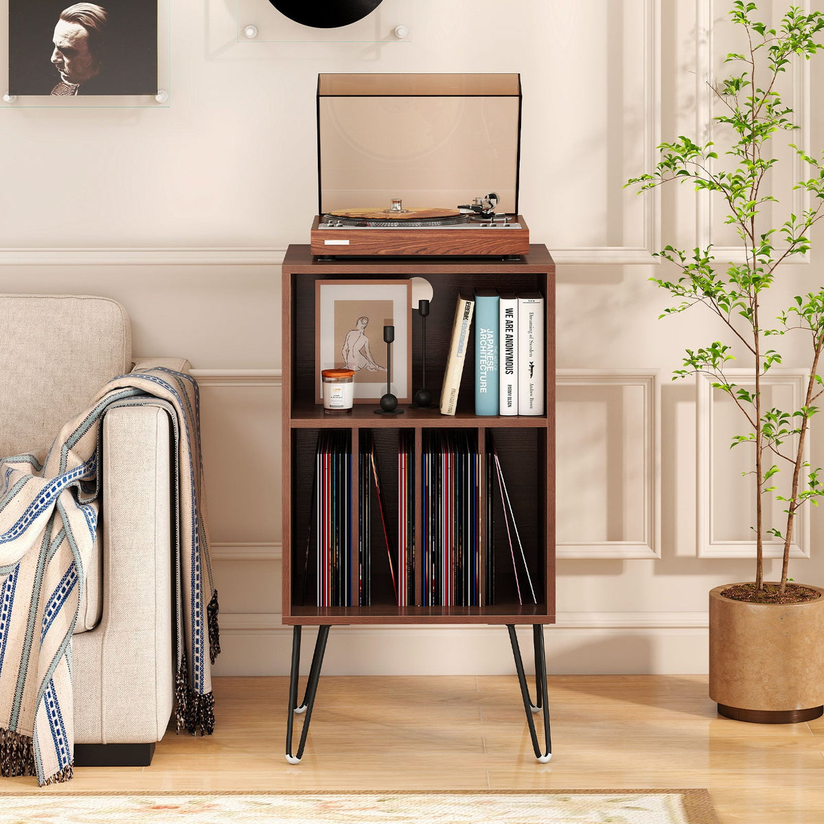 Record Player Stand with Charging Station Turntable Stand with Vinyl Storage-Walnut-End & Side Tables-DECOROLALA
