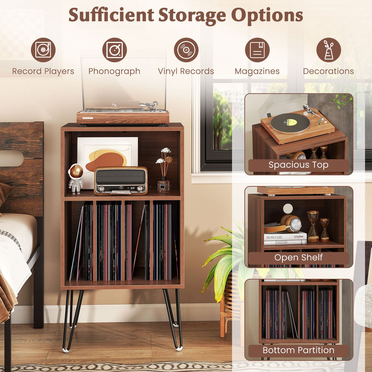 Record Player Stand with Charging Station Turntable Stand with Vinyl Storage-Walnut-End & Side Tables-DECOROLALA