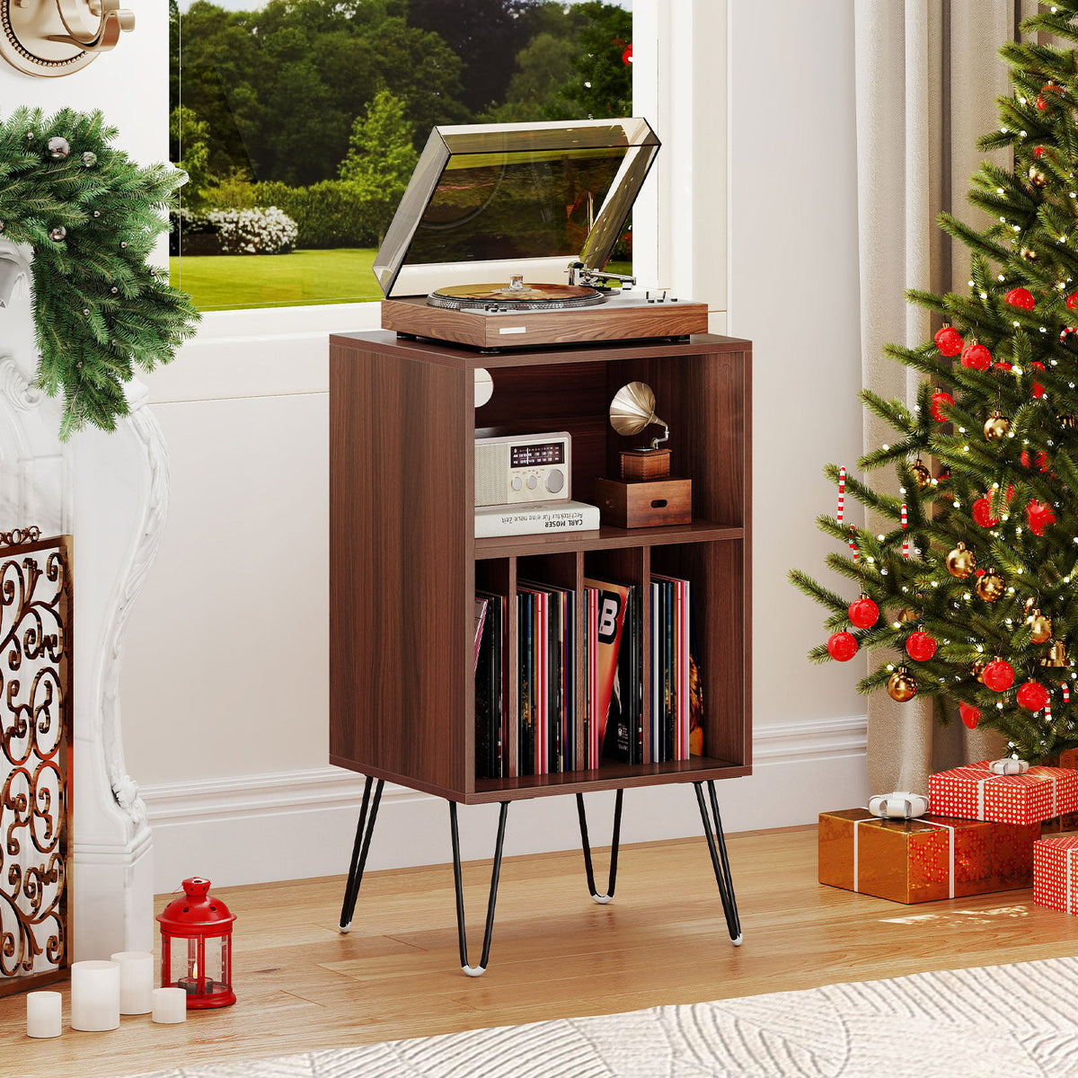 Record Player Stand with Charging Station Turntable Stand with Vinyl Storage-Walnut-End & Side Tables-DECOROLALA