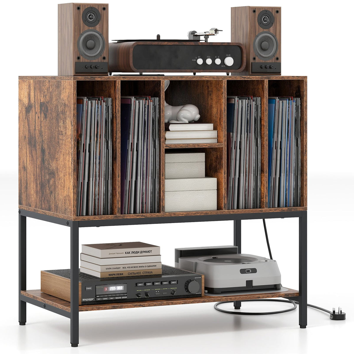 Record Player Stand with Charging Station and Metal Frame-Rustic Brown-End & Side Tables-DECOROLALA