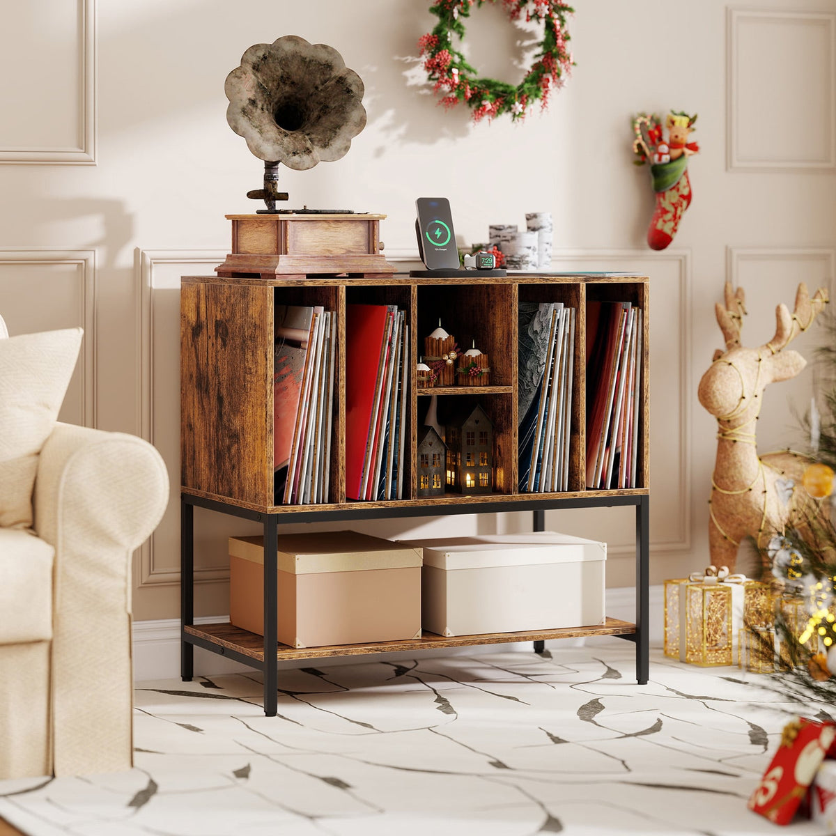 Record Player Stand with Charging Station and Metal Frame-Rustic Brown-End & Side Tables-DECOROLALA
