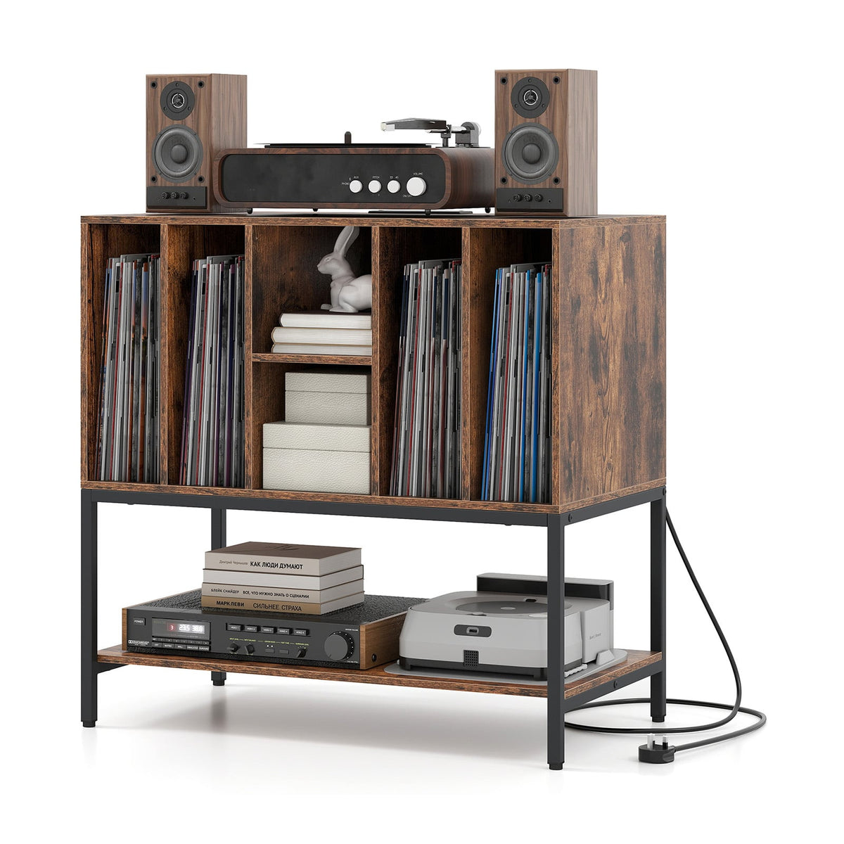 Record Player Stand with Charging Station and Metal Frame-Rustic Brown-End & Side Tables-DECOROLALA