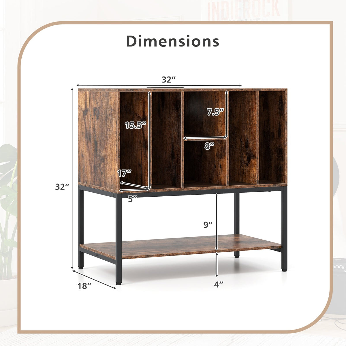 Record Player Stand with Charging Station and Metal Frame-Rustic Brown-End & Side Tables-DECOROLALA