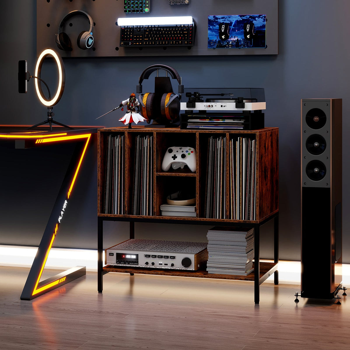 Record Player Stand with Charging Station and Metal Frame-Rustic Brown-End & Side Tables-DECOROLALA
