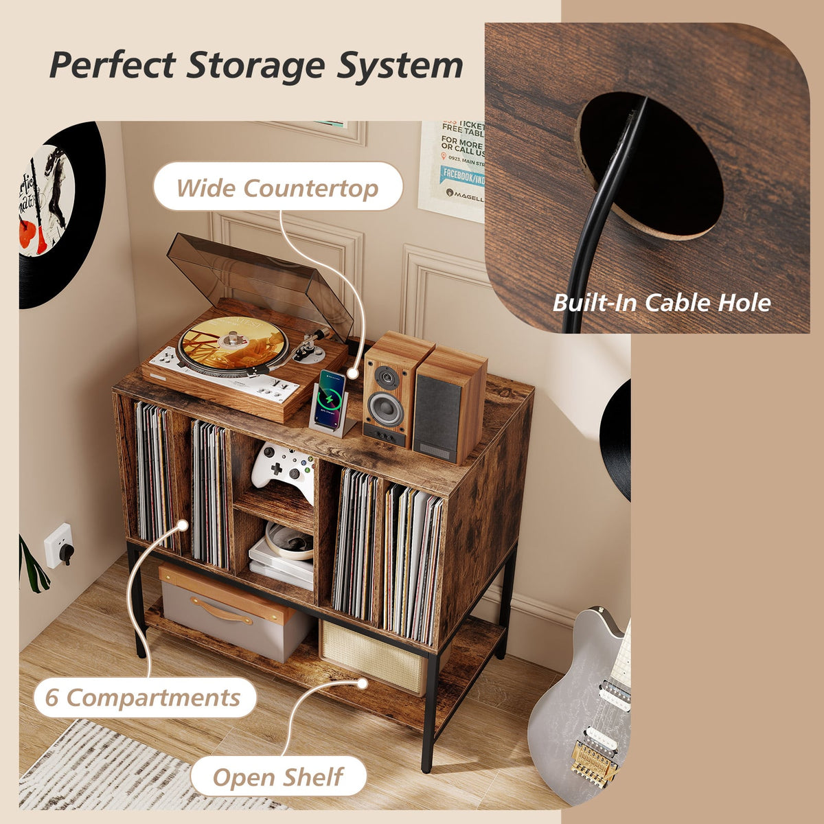 Record Player Stand with Charging Station and Metal Frame-Rustic Brown-End & Side Tables-DECOROLALA