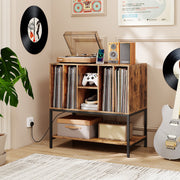 Record Player Stand with Charging Station and Metal Frame-Rustic Brown-End & Side Tables-DECOROLALA