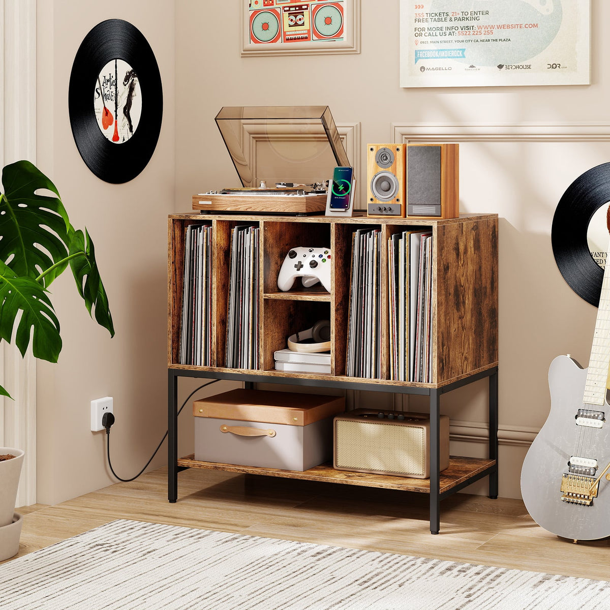 Record Player Stand with Charging Station and Metal Frame-Rustic Brown-End & Side Tables-DECOROLALA