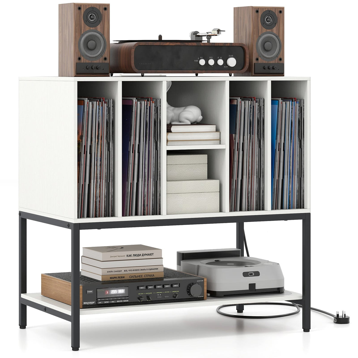 Record Player Stand with Charging Station and Metal Frame-White-End & Side Tables-DECOROLALA