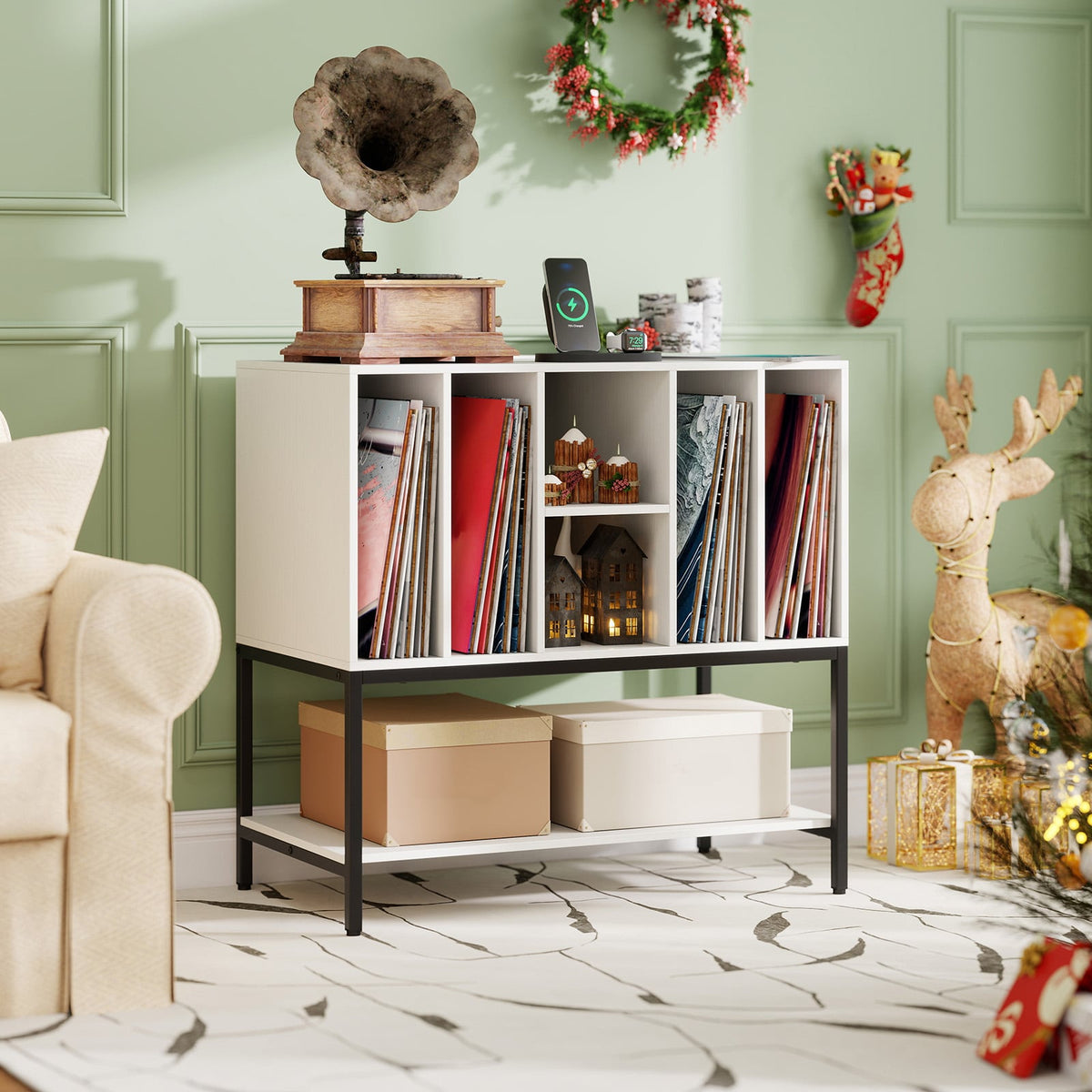 Record Player Stand with Charging Station and Metal Frame-White-End & Side Tables-DECOROLALA