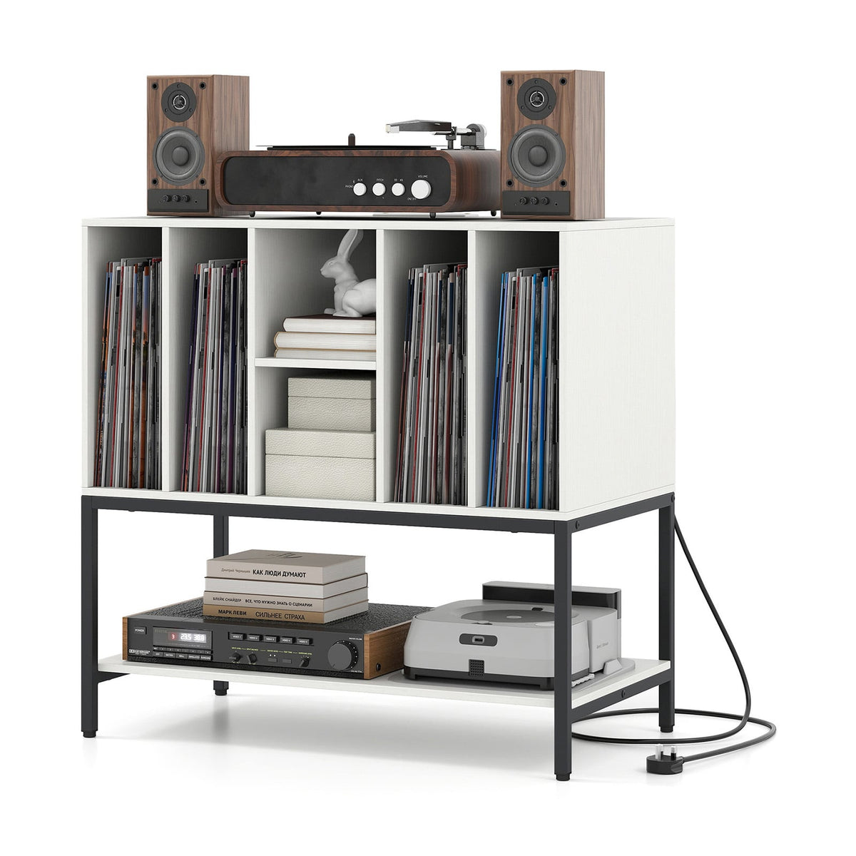 Record Player Stand with Charging Station and Metal Frame-White-End & Side Tables-DECOROLALA