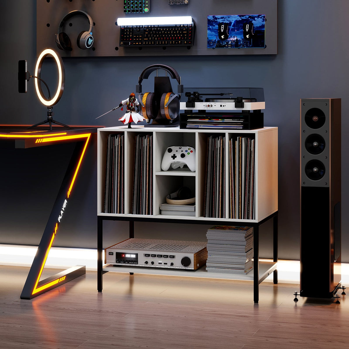 Record Player Stand with Charging Station and Metal Frame-White-End & Side Tables-DECOROLALA