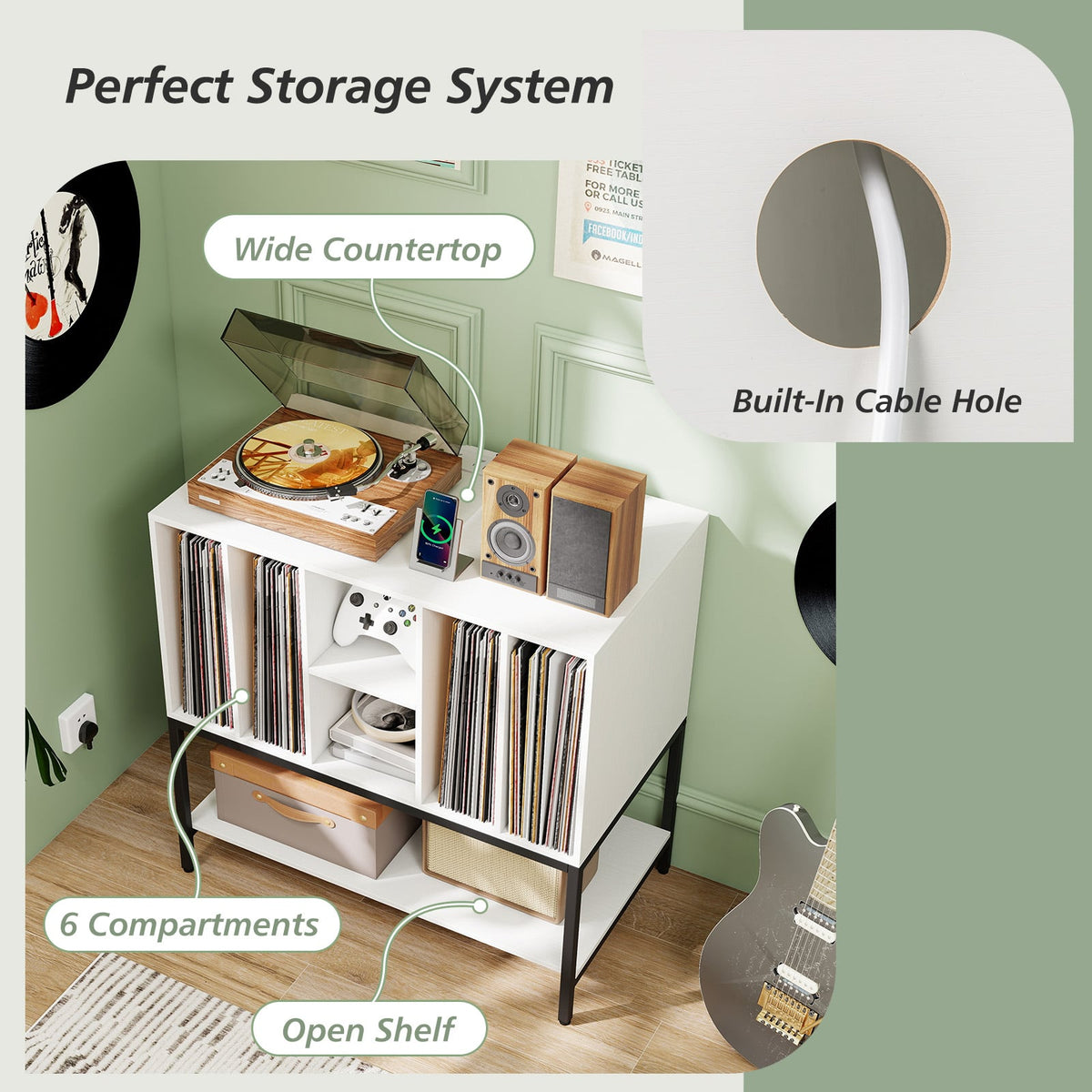 Record Player Stand with Charging Station and Metal Frame-White-End & Side Tables-DECOROLALA
