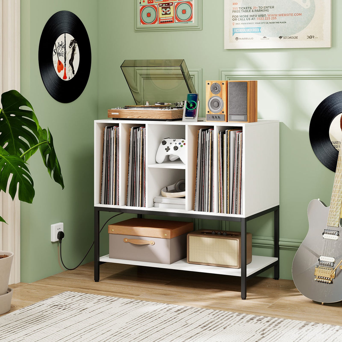 Record Player Stand with Charging Station and Metal Frame-White-End & Side Tables-DECOROLALA