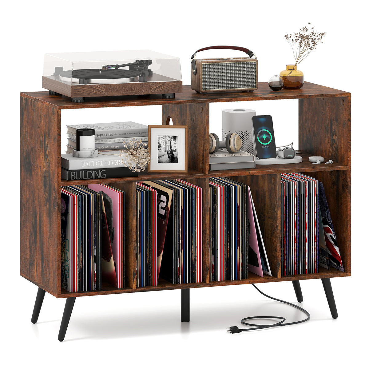 Record Player Stand with Charging Station and Open Shelves-Rustic Brown-End & Side Tables-DECOROLALA