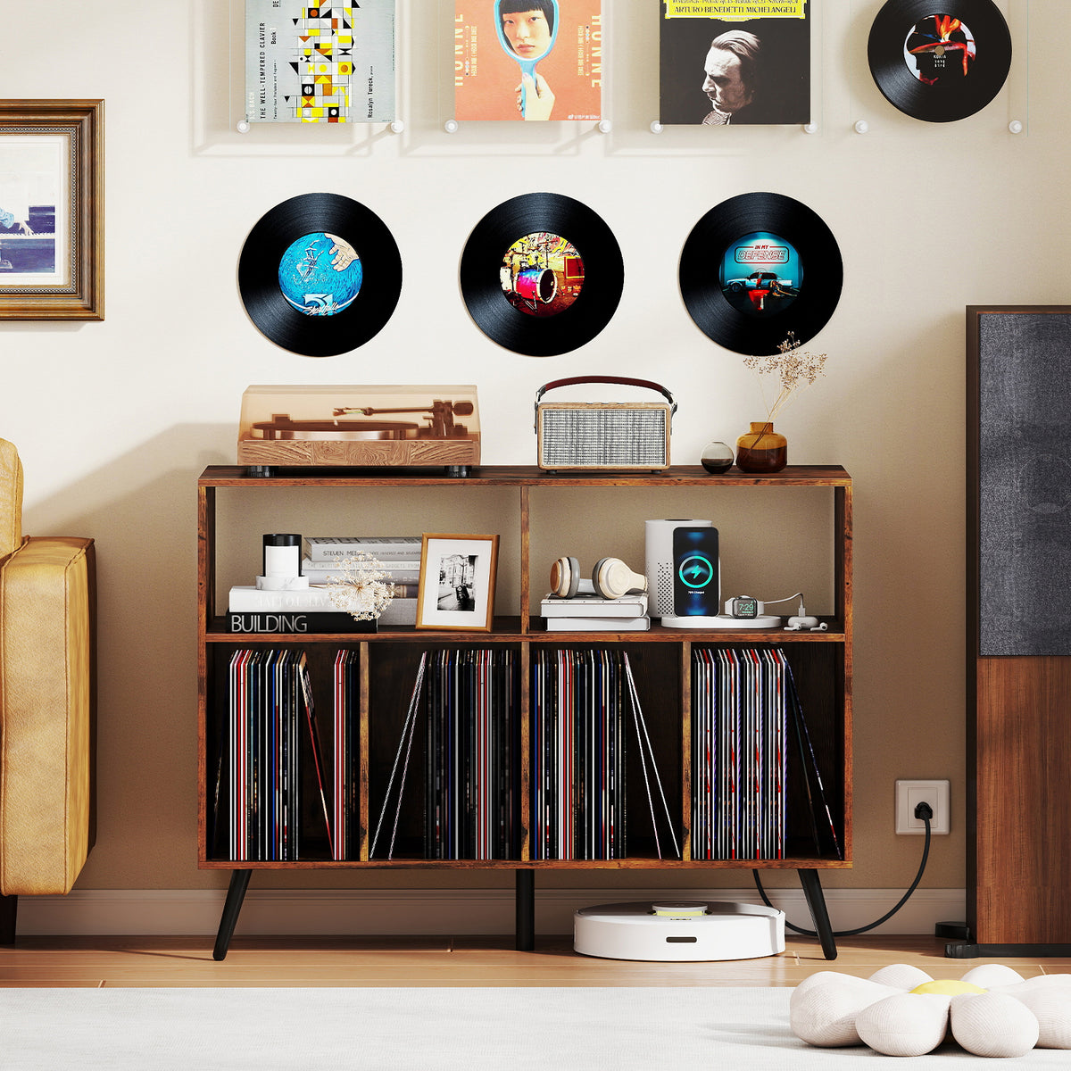 Record Player Stand with Charging Station and Open Shelves-Rustic Brown-End & Side Tables-DECOROLALA