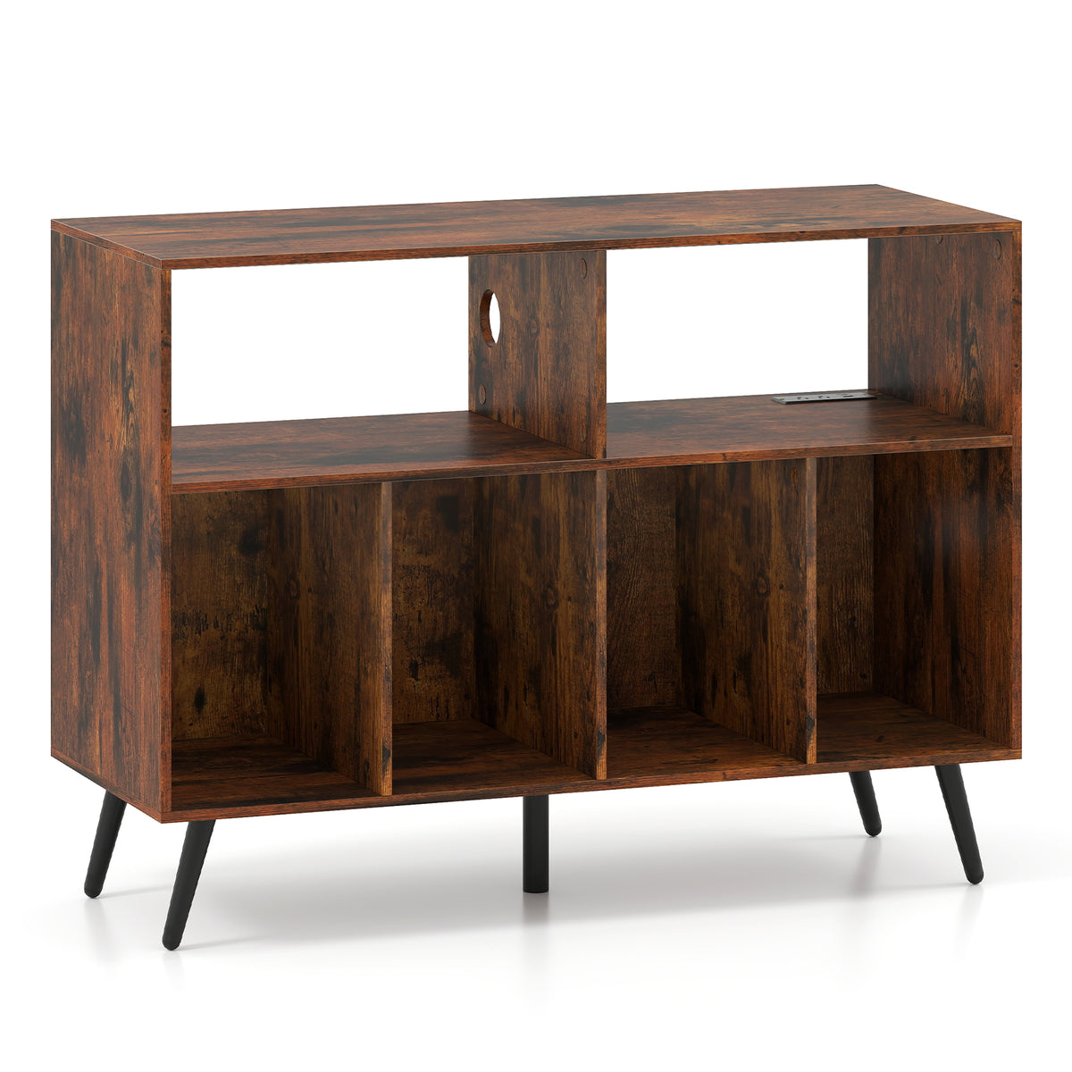 Record Player Stand with Charging Station and Open Shelves-Rustic Brown-End & Side Tables-DECOROLALA