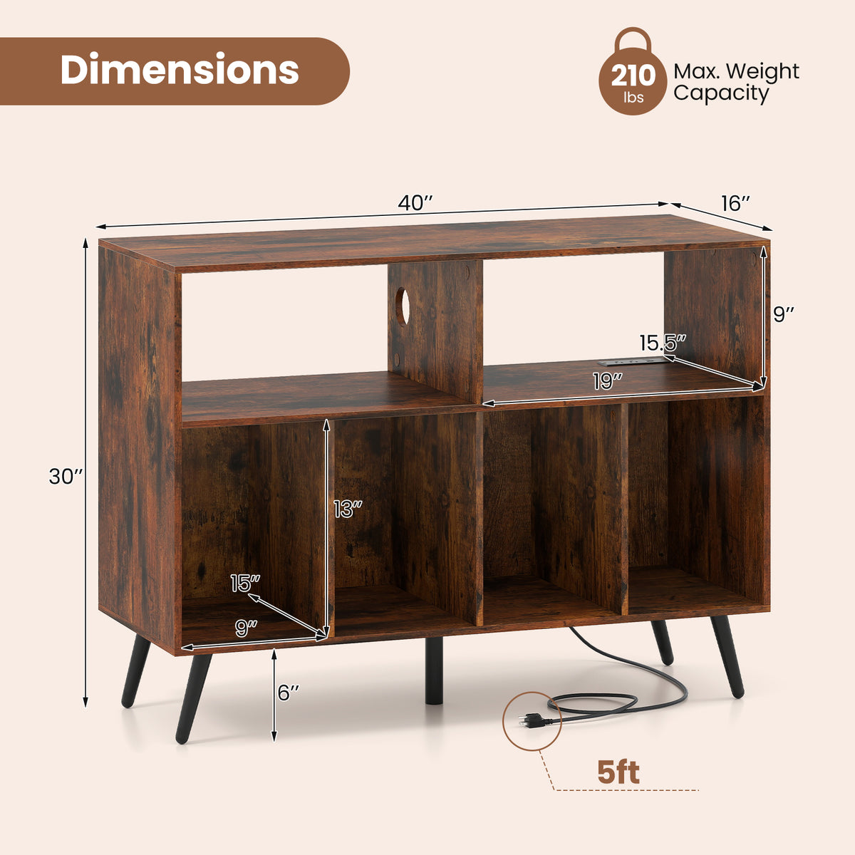 Record Player Stand with Charging Station and Open Shelves-Rustic Brown-End & Side Tables-DECOROLALA