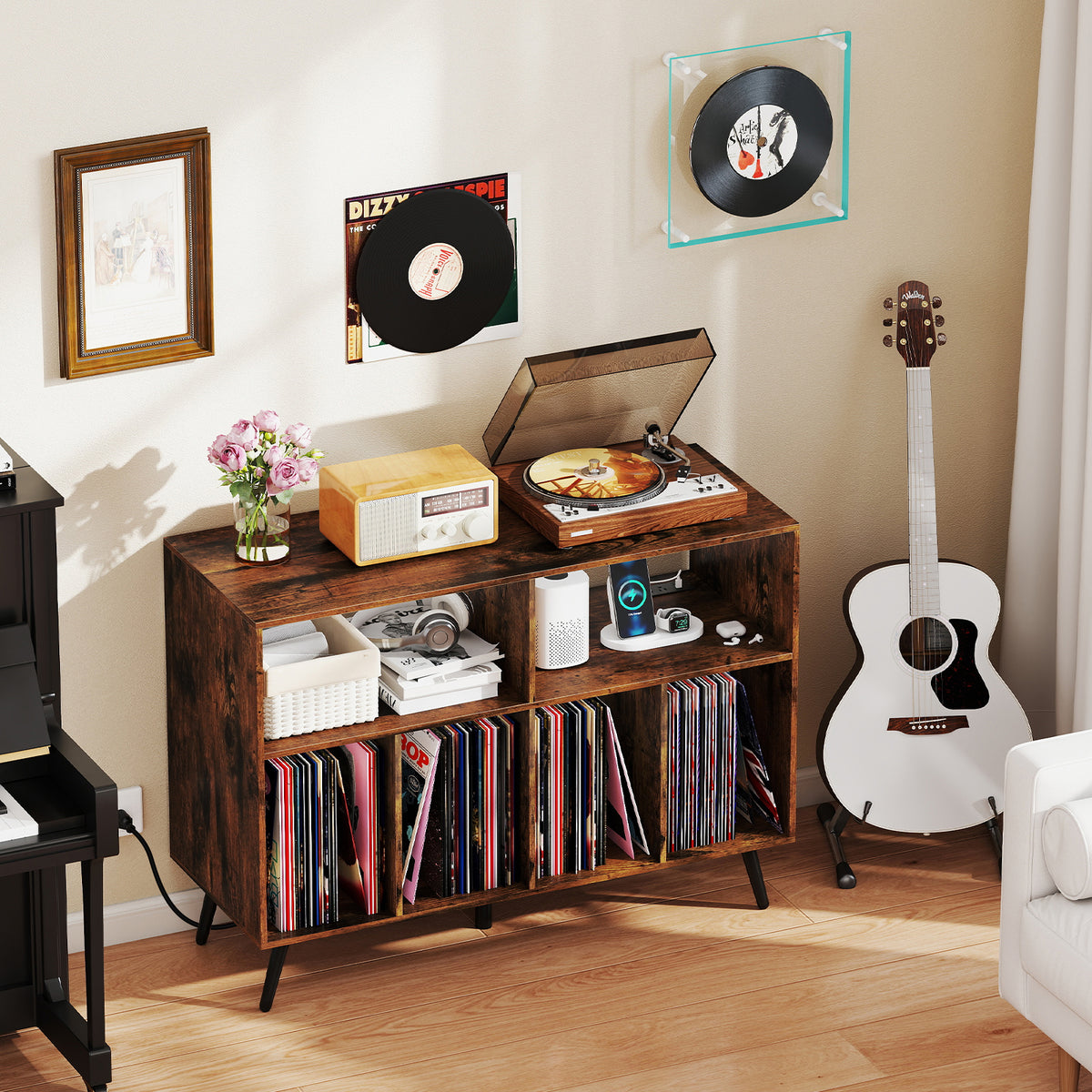 Record Player Stand with Charging Station and Open Shelves-Rustic Brown-End & Side Tables-DECOROLALA