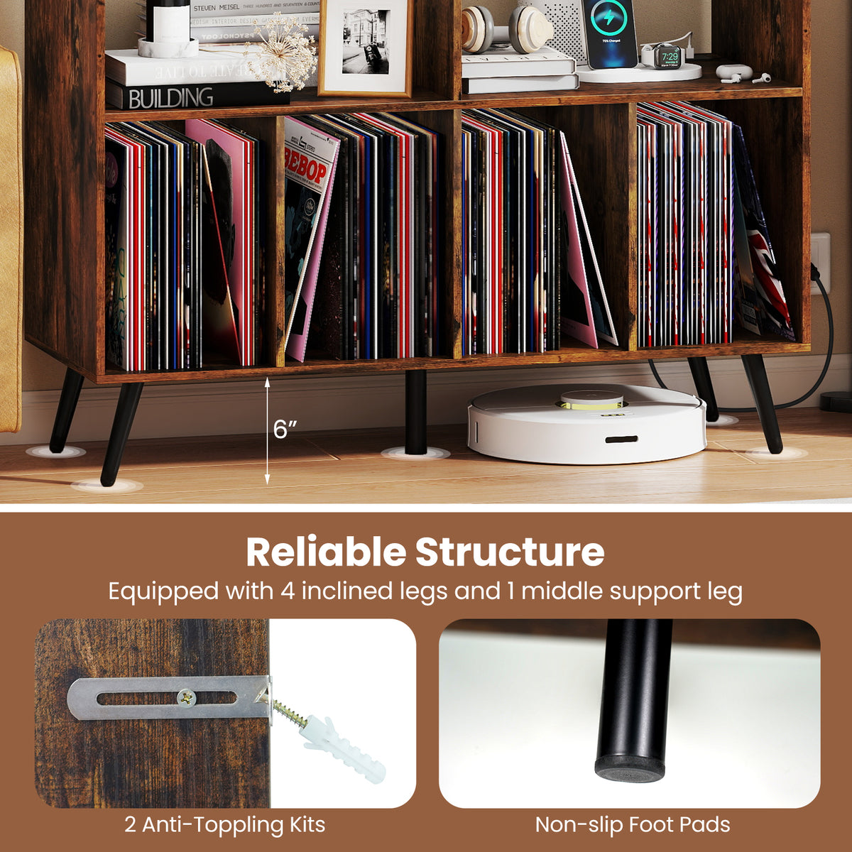 Record Player Stand with Charging Station and Open Shelves-Rustic Brown-End & Side Tables-DECOROLALA