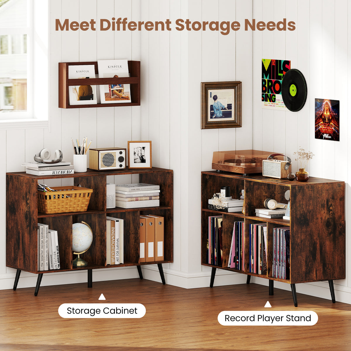 Record Player Stand with Charging Station and Open Shelves-Rustic Brown-End & Side Tables-DECOROLALA