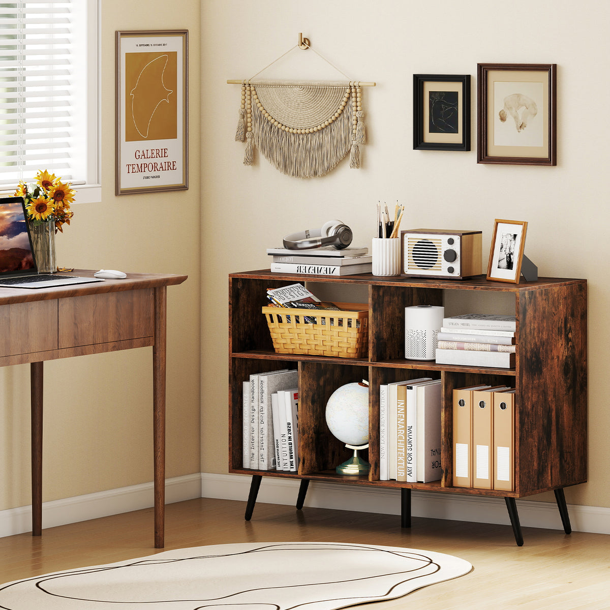 Record Player Stand with Charging Station and Open Shelves-Rustic Brown-End & Side Tables-DECOROLALA